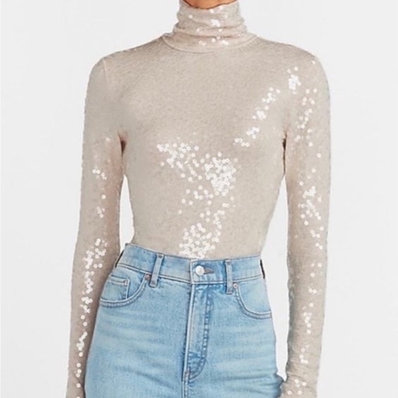 Express Tops - Express Sequin Mock Neck Long Sleeve Top